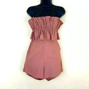 Vici Blush Pink Strapless Ruffled Pockets 70’s 100% Cotton Shorts Romper Size M